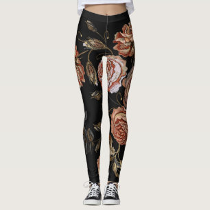 Vintage Stickerei: Rose auf schwarz. Leggings