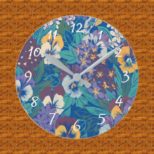 Vintage-Stiefmütterchen-Blumenmuster Blaues Cott Runde Wanduhr