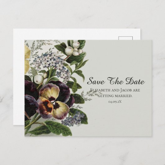 Vintage Stiefmütterchen Save the Date Postkarte (Vorne/Hinten)