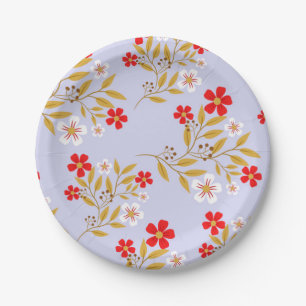 Vintage-Stil hübsche rote Blumen auf blauem Muster Pappteller