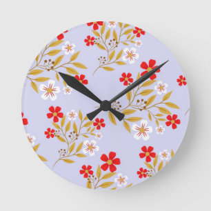 Vintage-Stil hübsche rote Blumen auf blauem Muster Runde Wanduhr