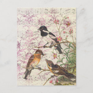Vintage Stil Vögel auf Ästen und Musik Postkarte