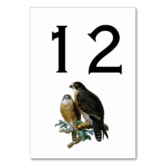 Vintage stilisierte Falken auf Zweig Tischnummer (Vorderseite)
