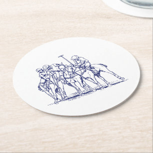 Vintage stilisierte Polo-Match-Zeichnung #1 Blau Runder Pappuntersetzer