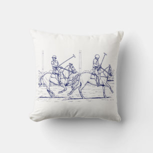 Vintage stilisierte Polo-Match-Zeichnung #2 Blau Kissen