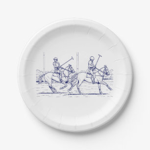 Vintage stilisierte Polospiel-Zeichnung #2 Blau Pappteller
