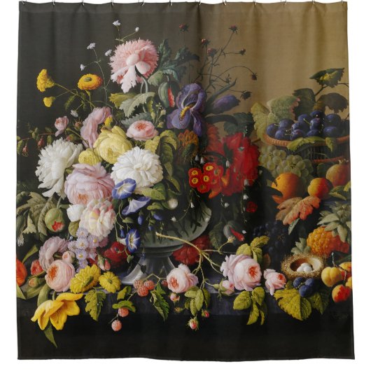 Vintage Stillleben Blume und Früchte Duschvorhang (Vorderseite)