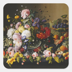 Vintage Stillleben Blume und Früchte Quadratischer Aufkleber