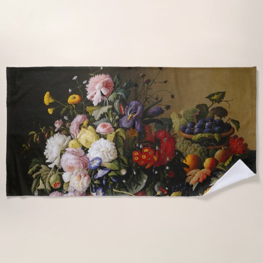 Vintage Stillleben Blume und Früchte Strandtuch (Vorderseite)