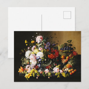Vintage Stillleben mit Blumen und Früchten von Sev Postkarte
