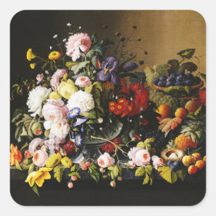 Vintage Stillleben mit Blumen und Früchten von Sev Quadratischer Aufkleber