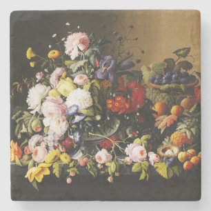 Vintage Stillleben mit Blumen und Früchten von Sev Steinuntersetzer