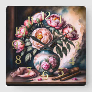 Vintage Stilmalerei Bouquet von Blume Vase Quadratische Wanduhr