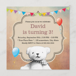 Vintage-Stipple-Teddy-Bär-Geburtstag Einladung