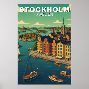 Vintage Stockholm Schweden Wasserfront Reise Poster
