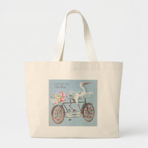 Vintage Storch auf Fahrrad für Dich und Dein Baby Jumbo Stoffbeutel