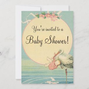 Vintage-Storch Baby Mädchen Rosa Decke Baby Shower Einladung