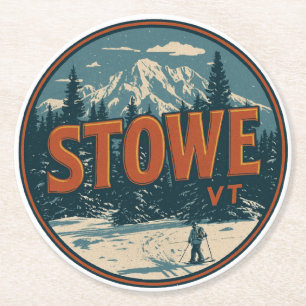 Vintage Stowe, VT Outdoor-Winterwanderwege-Skipist Runder Pappuntersetzer