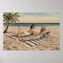Vintage-Strand-Pinup-Kunst-Druck | Retro-Bikinimäd