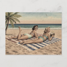 Vintage-Strand-Pinup-Kunst-Druck | Retro-Bikinimäd