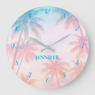 Vintage-Strand-Sonnenuntergang-Palmen Pastell      Große Wanduhr