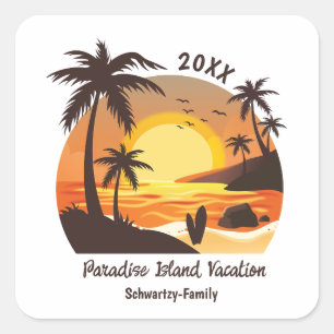 Vintage-Strand-Sonnenuntergang-Urlaub-Surfen-orang Quadratischer Aufkleber