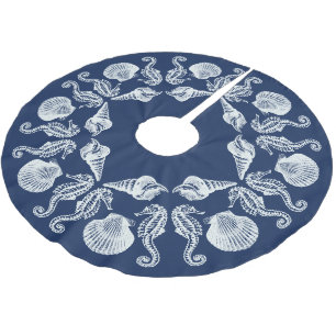 Vintage Strandhaus Muscheln Weiß Blau Gebürstet Polyester Weihnachtsbaumdecke