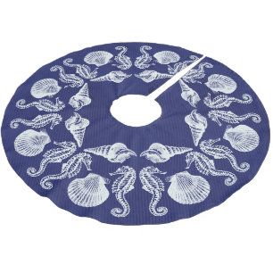 Vintage Strandhütte Muscheln Weiß Blau Polyester Weihnachtsbaumdecke