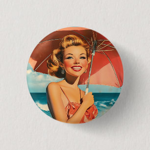 Vintage-Strandurlaubsplakat: Blondes Pin-Up  Button