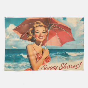 Vintage-Strandurlaubsplakat: Blondes Pin-Up Geschirrtuch