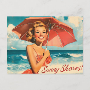 Vintage-Strandurlaubsposter: Blondes Pin-Up Postkarte