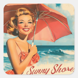Vintage-Strandurlaubsposter: Blondes Pin-Up Quadratischer Aufkleber