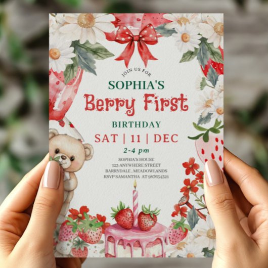 Vintage strawberry Berry First Birthday Invitation Einladung