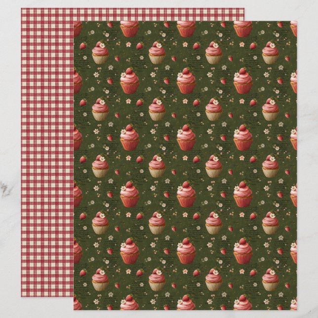 Vintage Strawberry Cupcakes Scrapbook Paper (Vorne/Hinten)