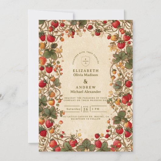 Vintage Strawberry Garden Wedding Einladung (Vorderseite)