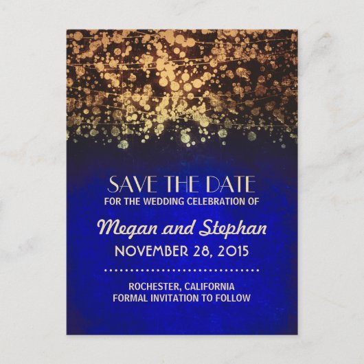 Vintage Streichlichter Save the Date blau und gold Ankündigungspostkarte (Vorderseite)