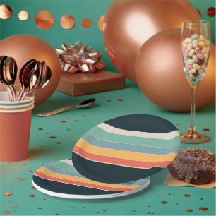 Vintage Streifen aus 70er, blau, rosa und gelb Pappteller