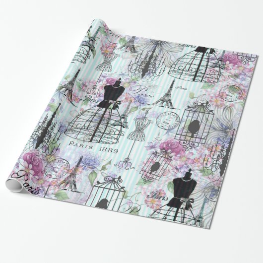 Vintage Streifen Eiffelturm-Collage Rosa Blumenzun Geschenkpapier (Ungerollt)