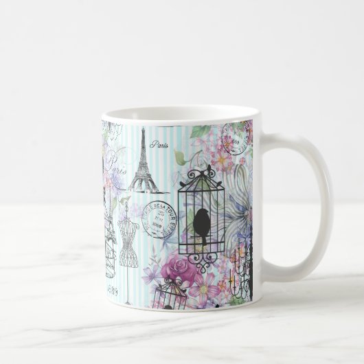 Vintage Streifen Eiffelturm-Collage Rosa Blumenzun Kaffeetasse (Rechts)