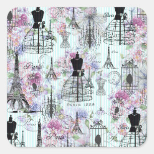 Vintage Streifen Eiffelturm-Collage Rosa Blumenzun Quadratischer Aufkleber