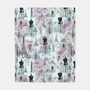 Vintage Streifen Eiffelturm Collage rosa floral Fleecedecke