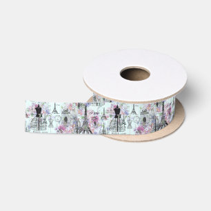 Vintage-Streifen Eiffelturm Collage rosa floral Satinband