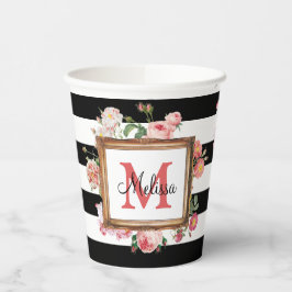 Vintage Streifen und Floral Monogramm Pappbecher