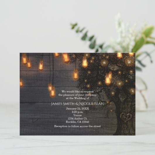 Vintage String Lights & Tree Wedding Einladungen (Stehend Vorderseite)