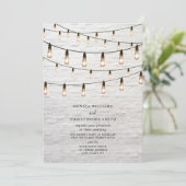 Vintage String Lights White Brick Wedding Einladung (Stehend Vorderseite)