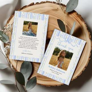 Vintage Stripes Blue Bow Graduation Photo Dankeskarte