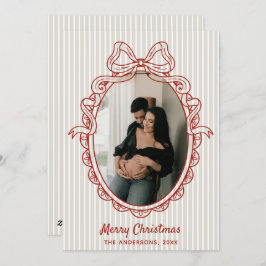 Vintage Stripes Red Bow Frame Christmas Photo Feiertagskarte