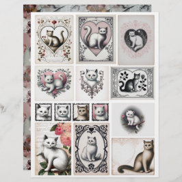 Vintage Style Black and Pink Kitten Illustrations