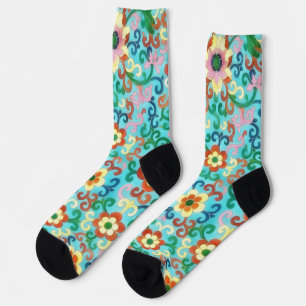 Vintage Style Blumenkunst Aqua- und Orange Socken
