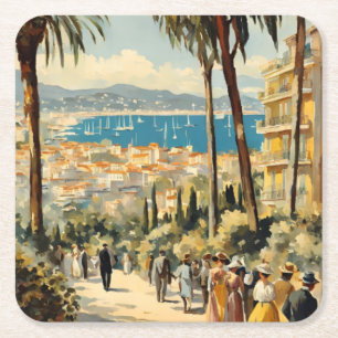 Vintage Style Cannes Französisch Reise Wasserfarbe Rechteckiger Pappuntersetzer